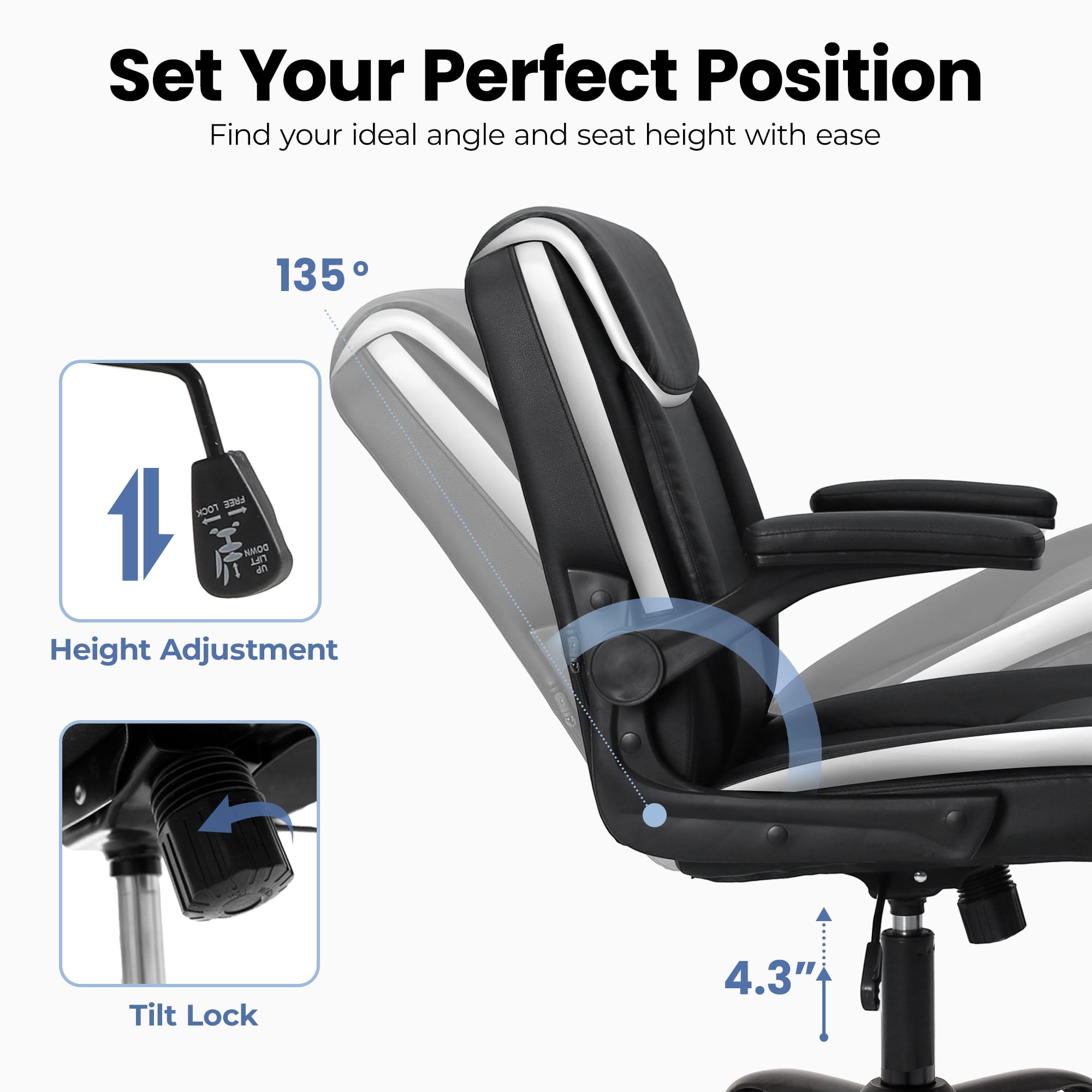 CELTOSS Leather Office Chair, Ergonomic Executive Chair with Padded Flip-Up Armrests, Mid-Back PU Computer Desk Chair, Black