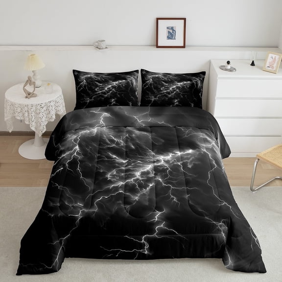 Erosebridal Horror Lightning Bedding Sets King with Comforter, Grey Duvet Insert, Thunder Weather Reversible Comforter Sets King Size, Super Cozy Room Decor, 3-Piece