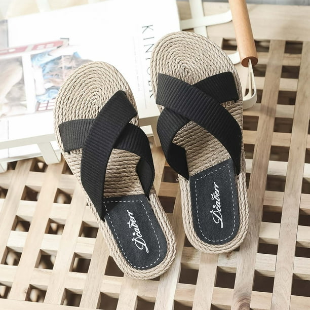 SuoKom Flat Sandals For Women Summer Summer Ladies Imitation Straw Slippers  Flat Beach Shoes Cross Slippers Women's Flat Sandals On Clearance 