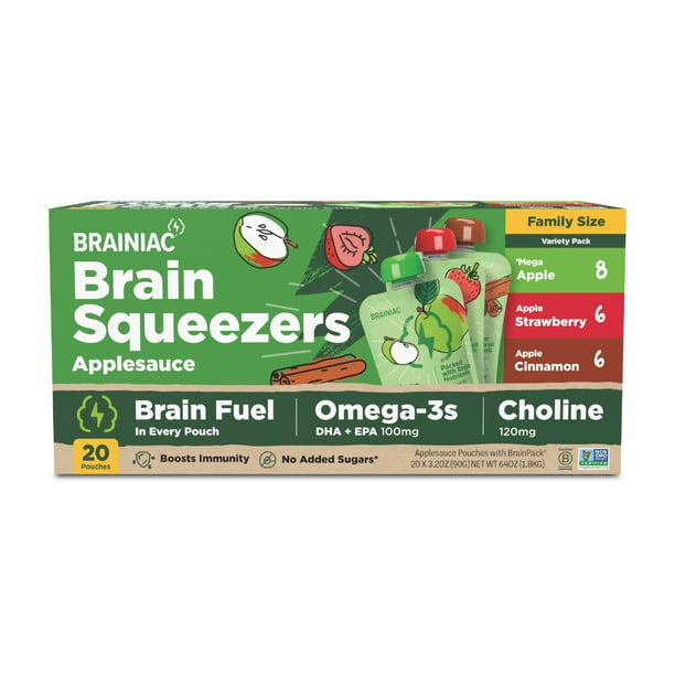 Brainiac Omega3 Applesauce Variety Pack, No Sugar Added, 3.2oz, 20 Ct