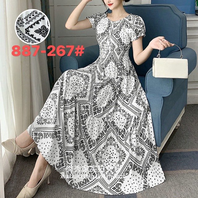 JUNWELL Robe Vestidos Maxi Longue Robe Femmes Été Vêtements Indiens Bohème Coton Lin Floral Manches Courtes Style Coréen Décontracté