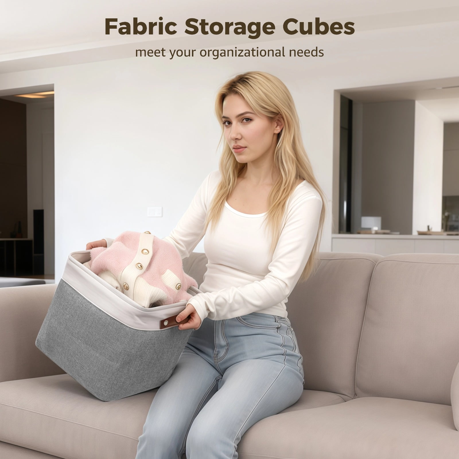 6 Pack Fabric Storage Cubes – 11" x 11" Foldable Bins with PU Leather Handles, Gray & White Closet Organizers for Shelves, Drawers, Clothes, Toys & Books