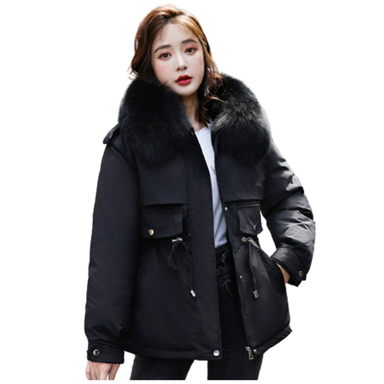 jsaierl Womens Winter Jacket Warm Overcoat Slim Faux Fur-Collar Zipper  Thicker Coat Outwear