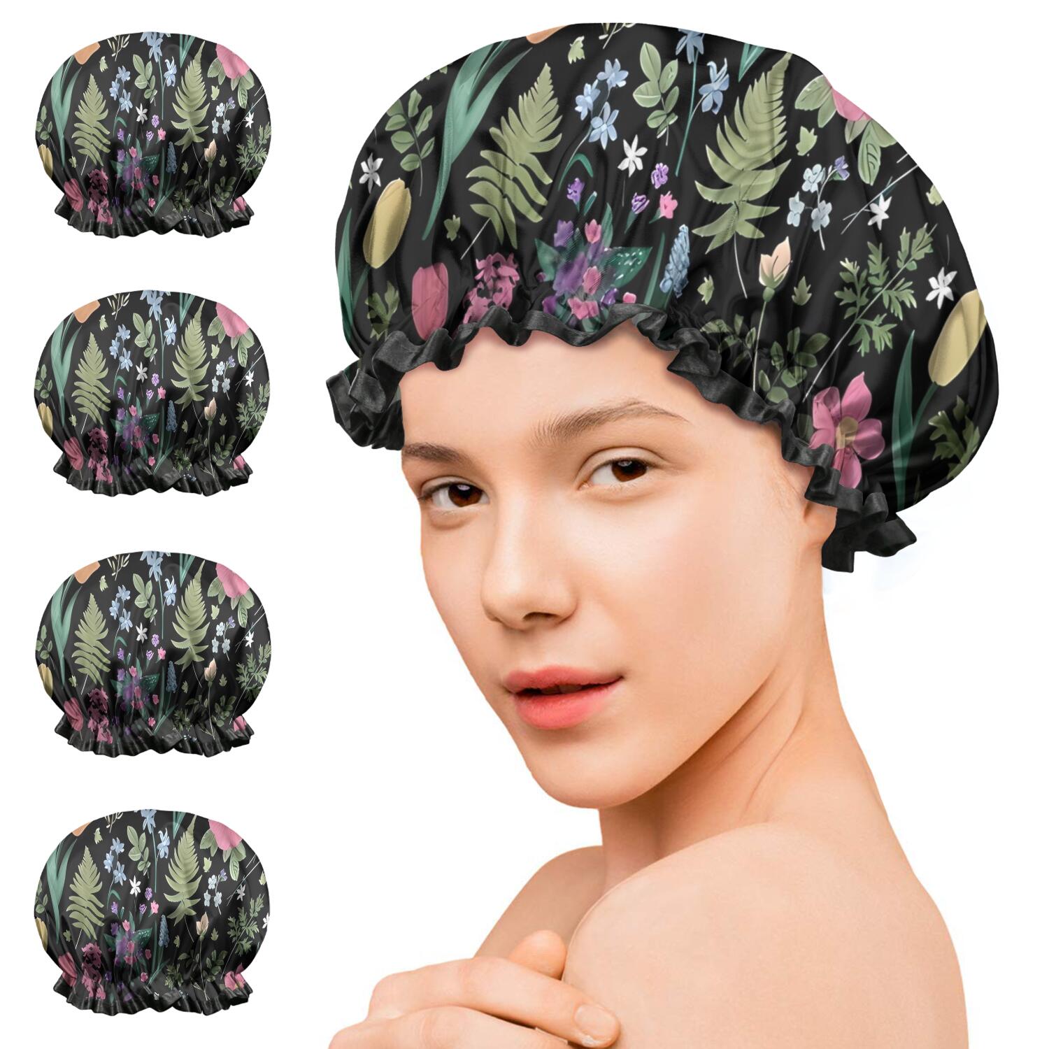 Shower Caps,Pioneer Flower Floral Print Pattern Waterproof Shower Cap for Women 4 Pieces,Double Reusable Hair Cover for Shower PEVA Elastic Stretch Hem