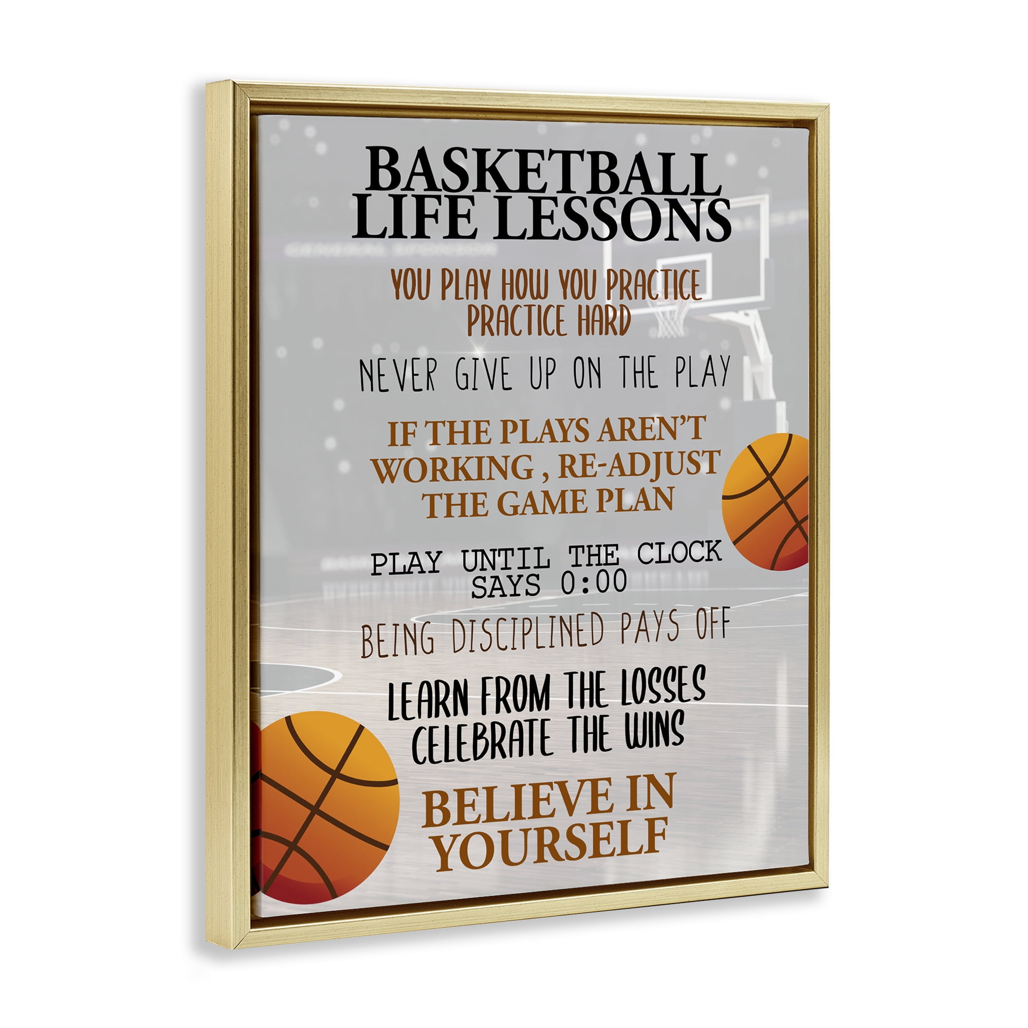 Basketball Life Lessons Gold Framed Floater Canvas Wall Art, design by Kim Allen