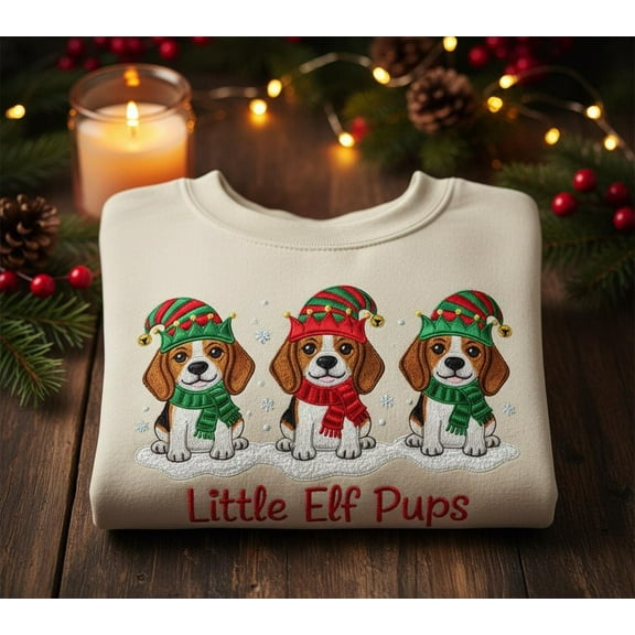 Embroidered Beagle Christmas Sweatshirt – Little Elf Pups Holiday Design, Cute Dog Lover Gift, Cozy Festive Crewneck
