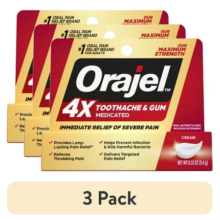 (3 pack) Orajel 4X for Toothache & Gum Pain: Severe Cream Tube 0.33oz- From #1 Oral Pain Relief Brand