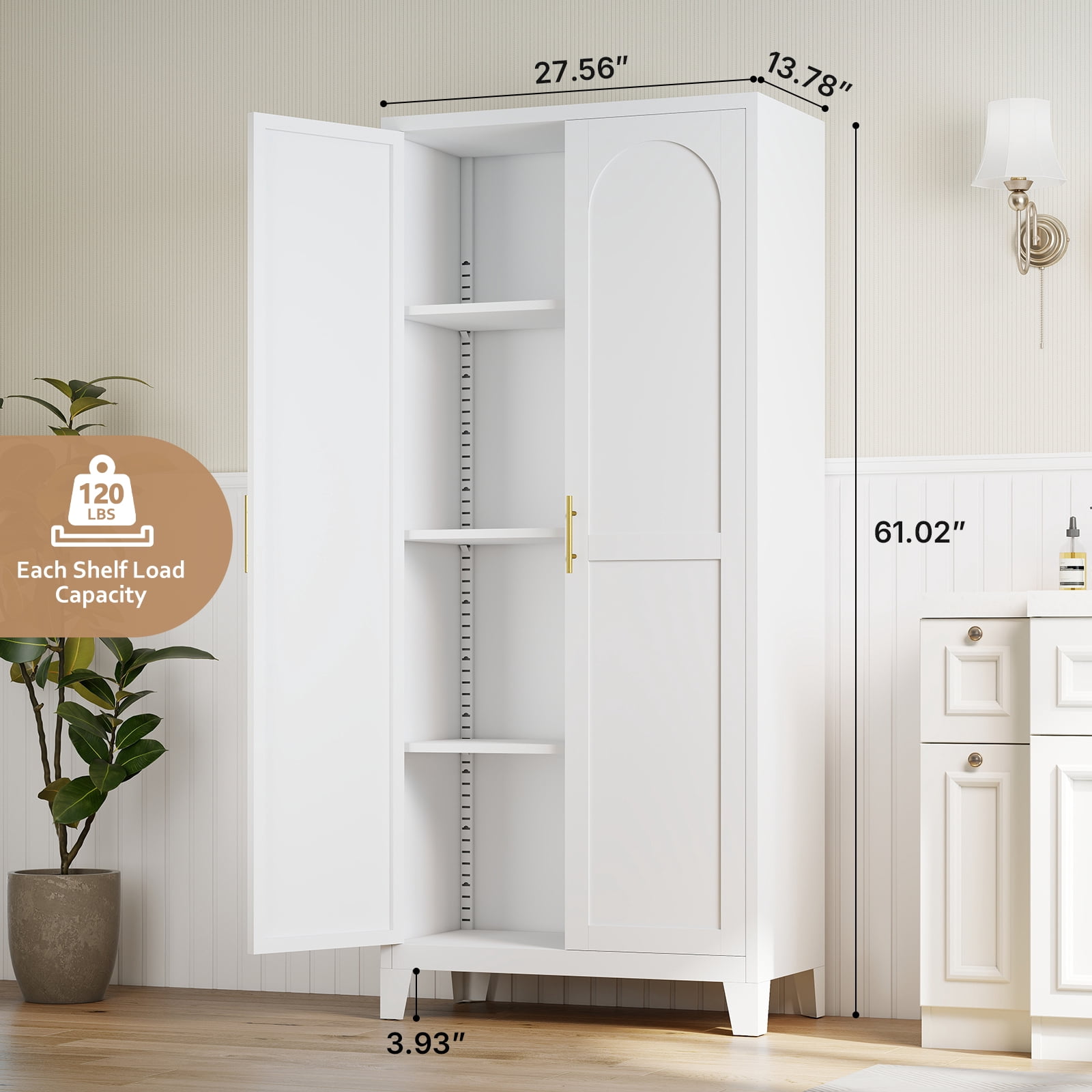 LIZEVINC 61.2in Pantry Cabinet, Metal Shapely Doors Cabinet with Doors and Adjustable Shelves, Food Pantry Cabinet for Kitchen,Dinning Room- Assembly Required(White)