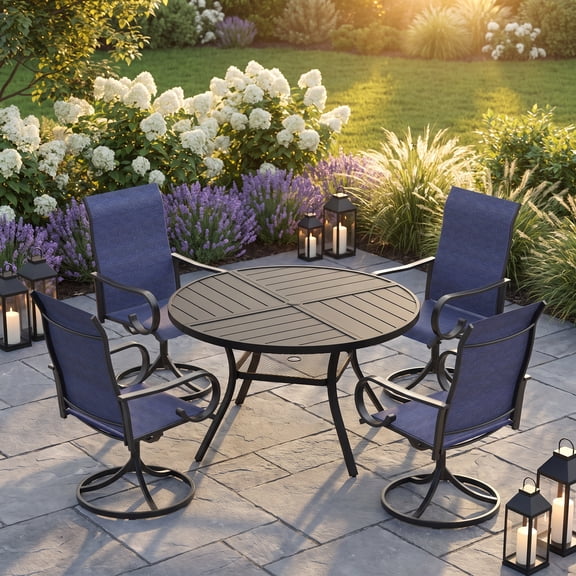 Vicllax 5Piece Outdoor Patio Dining Set, 40 Inch Round Table with Umbrella Hole and All-Weather Patio Swivel Chairs set of 4, Black Table and Blue Chairs