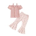 thumbnail image 1 of Gupgi 2Pcs Toddler Girl Daisy Clothes Set 1T-5T Kids Baby Cold Shoulder Ribbed Tops Floral Bell Bottom Summer Outfits, 1 of 9