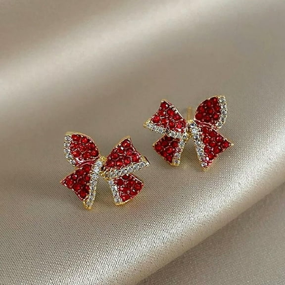 BLOPQ Christmas Red Bow Crystal Full Zircon Earrings Stud Dangle Women Party Jewelry-default