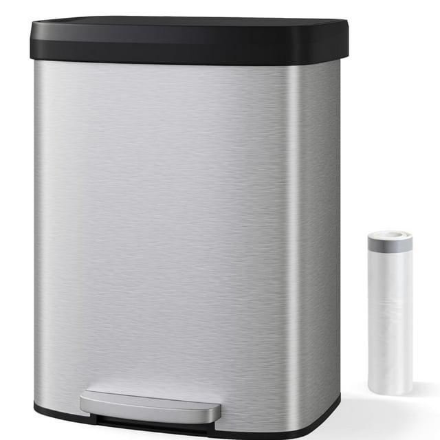 Garvee 15.85 Gallon Kitchen Garbage Can with Liner Rim & Soft Close Plastic Lid, Silver