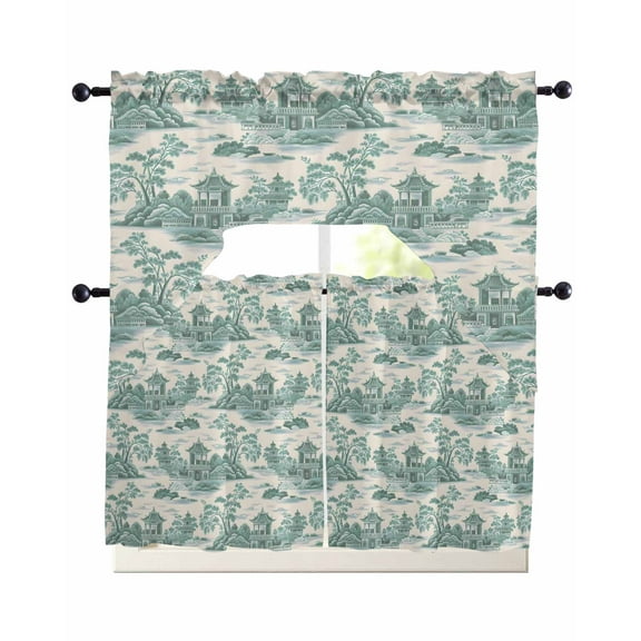 Teal Garden Kitchen Curtains Swag Valance and Tier Curtains Set 24 Inch Length, Modern Art Building Trees Rock Landscape Rod Pocket Drape Panels Pair Swag Curtain for Bathroom/Cafe/Window