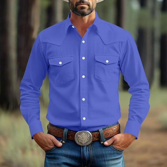 S-5X Plus Size Shirts with Pockets Big & Tall Long Sleeve T-Shirts Button-Down Collared Casual Solid Color Cowboy Work Tshirts Tops