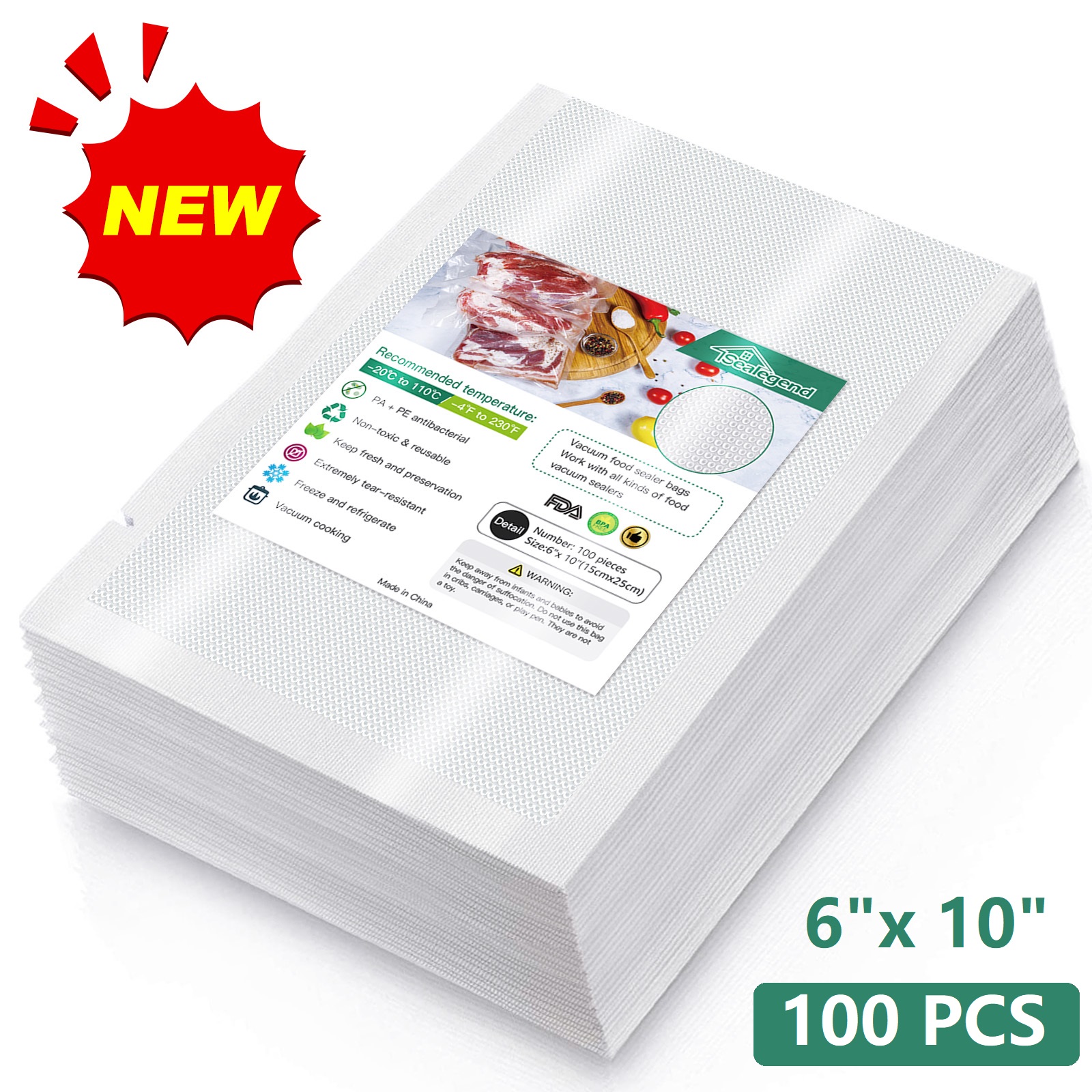 Sealegend Vacuum Sealer Bags 6"x 10"x100 Size Vacuum Seal Bags Food
