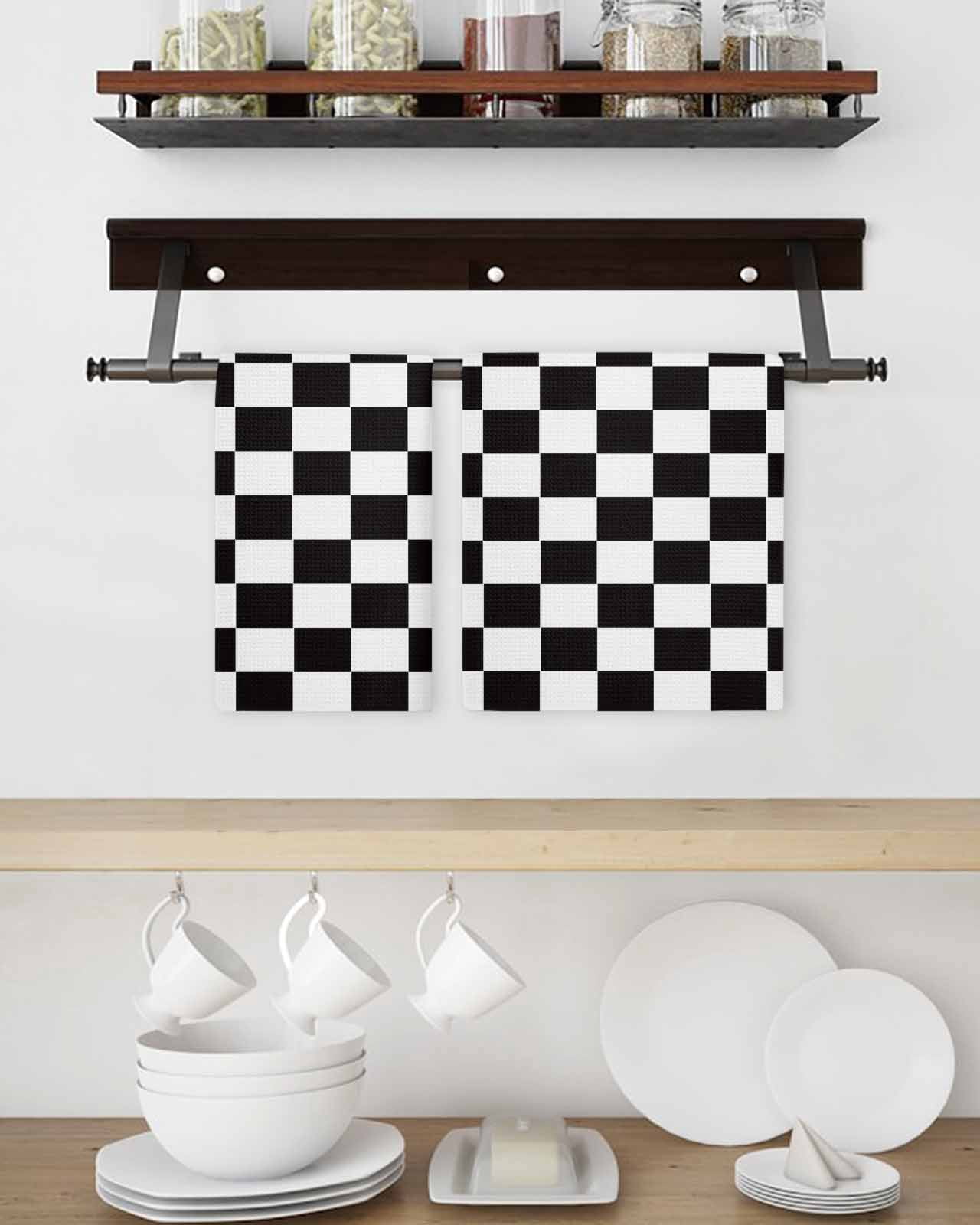 Simple Black White Checkered Hand Towels Set, Waffle Weave Kitchen Towels 4 Pieces, Lattice Buffalo Plaid Microfiber Hair Face Bath Tea Towel Absorbent Quick Drying Cleaning Dish Cloths, 15.7"x23.6"