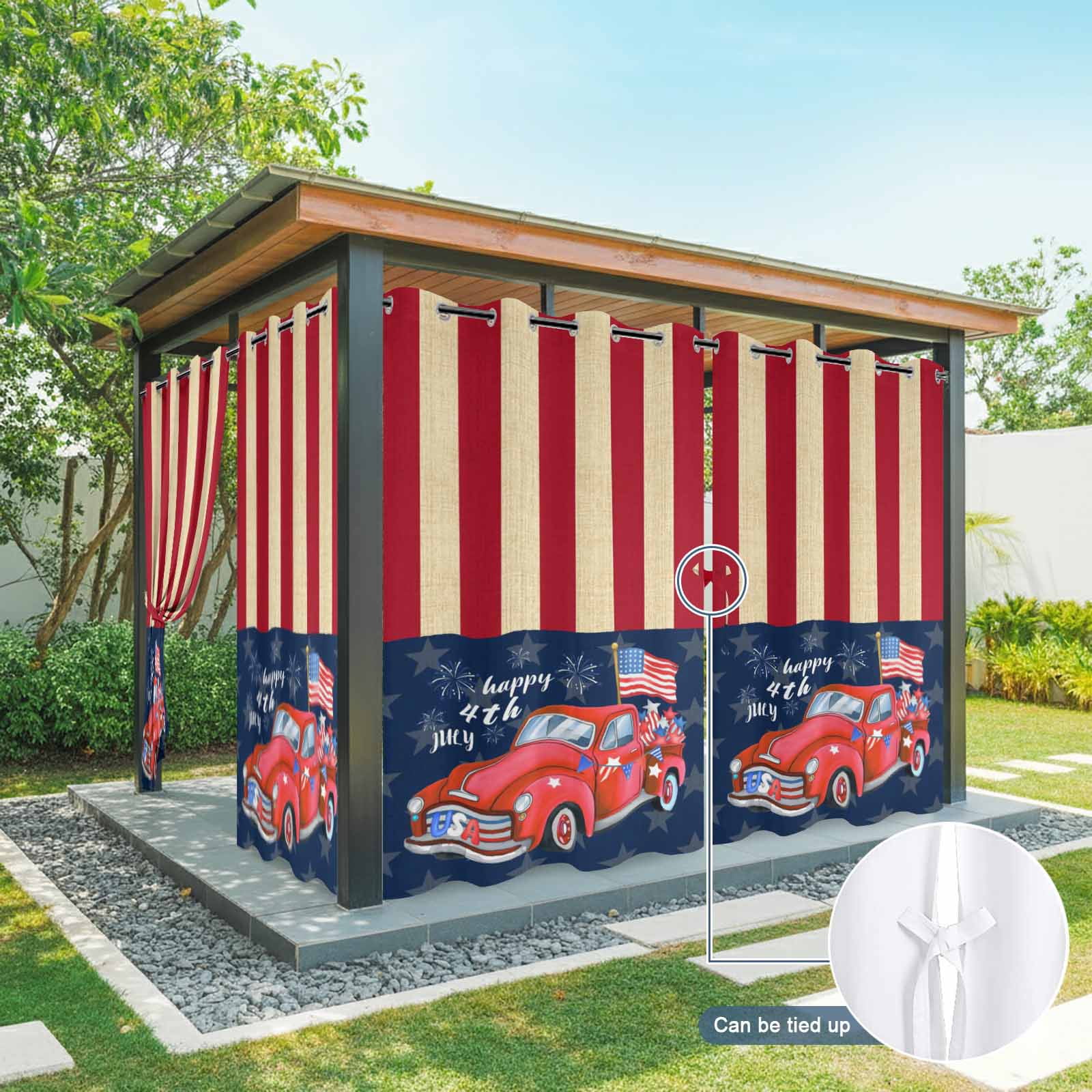 USA Flag Red Truck Outdoor Curtains for Patio, Independence Day Blue Star Red Strips Sunshade Privacy Drapes Grommet Waterproof Outside Curtains for Porch/Cabana/Balcony 54"x 108", 1 Panel