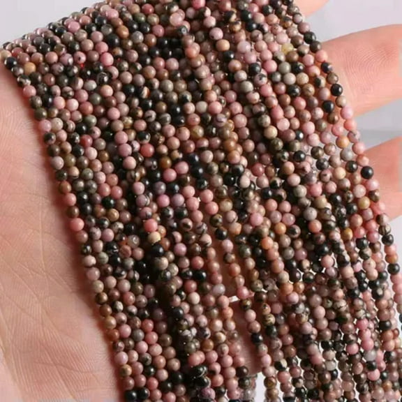 HOOUN Natural 3mm Size Gemstone Strands Round Loose Stone Beads Jewelry DIY Making-Pink Black Rhodonite