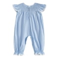 thumbnail image 3 of AWZXDE Girls Casual Play Rompers Pumpkin Embroidered Smocked Flutter Sleeve Jumpsuit With Side Snap Closure Fall Daily Outfit Blue - 0-3 Months, 3 of 3