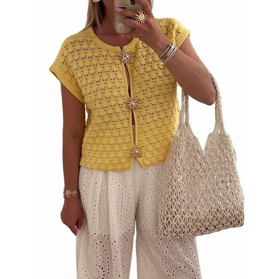 Womens Short Sleeve Sweater Tops Round Neck Hollow Out Crochet Knit Cardigan Summer Casual Button Up Shirts Yellow L