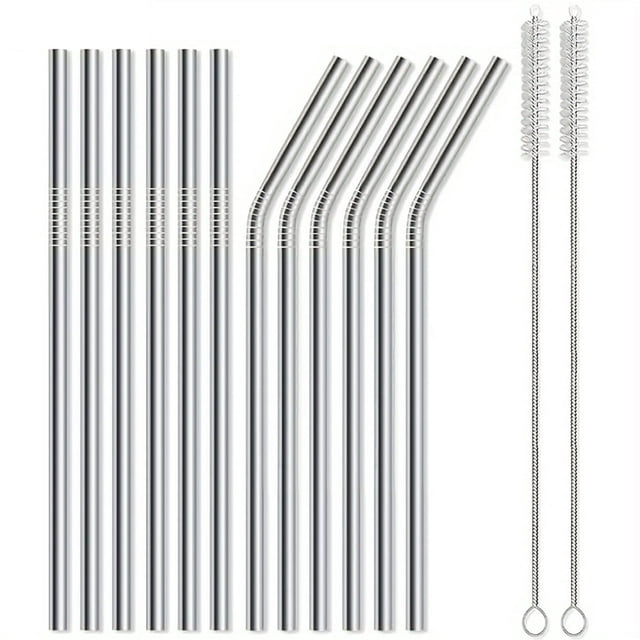 EIGTHTAIL Reusable Metal Straws Set Premium Stainless Steel Straws Easy-Clean Design 14-Pack. The set includes 6 straight and 6 bent stainless steel straws, each measuring 215mm in length, along with two cleaning brushes. Made from durable stainless steel with smooth, rounded edges for comfortable sipping. Ideal for both hot and cold beverages, these eco-friendly straws are reusable and easy to maintain.