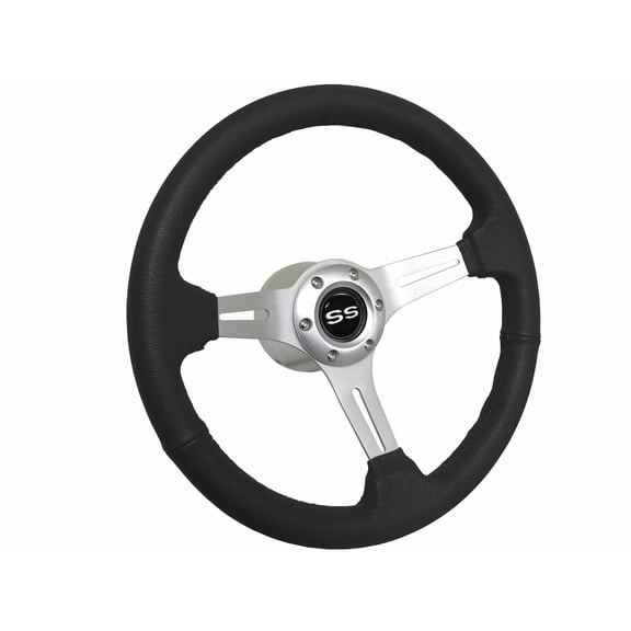 1969 - 1994 Chevrolet Passenger; VSW 6 Bolt Black Leather Wrapped Steering Wheel Brushed Aluminum Kit, White SS Emblem