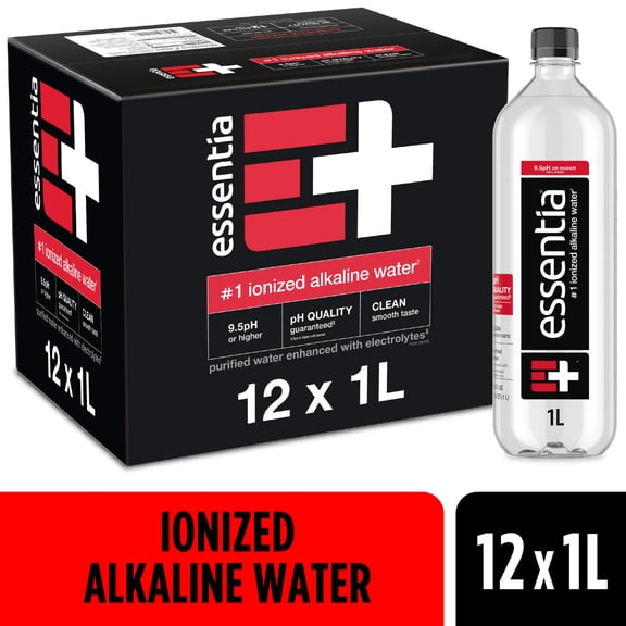 Essentia Bottled Water, 1 Liter, 12-Pack, Ionized Alkaline Water