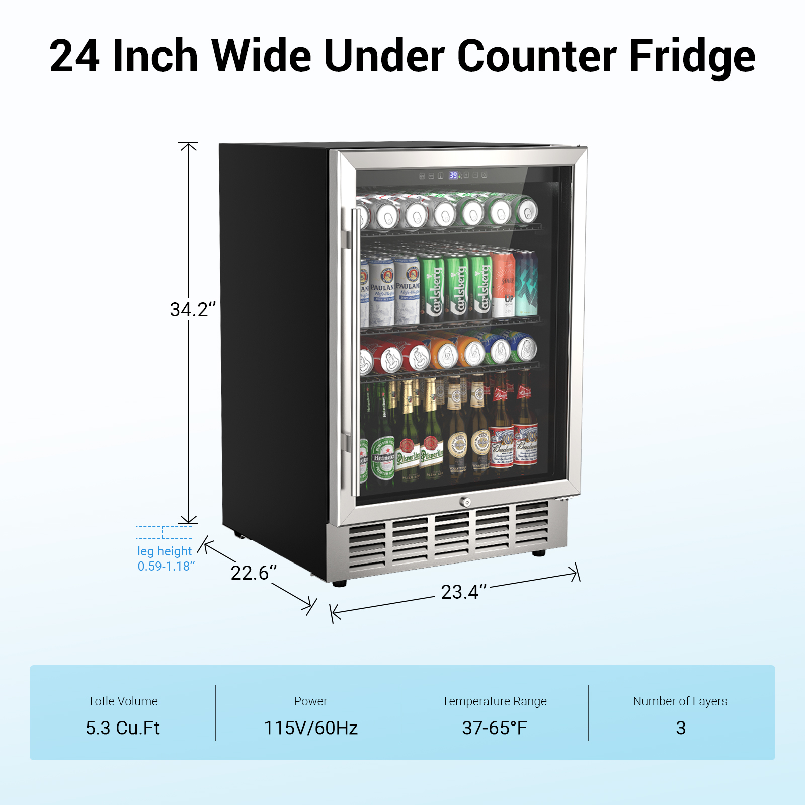 Friwest 24 Inch Beverage Refrigerator Cooler,190 Cans Wide Beverage and Beer Fridge with Glass Door and Powerful Cooling Compressor