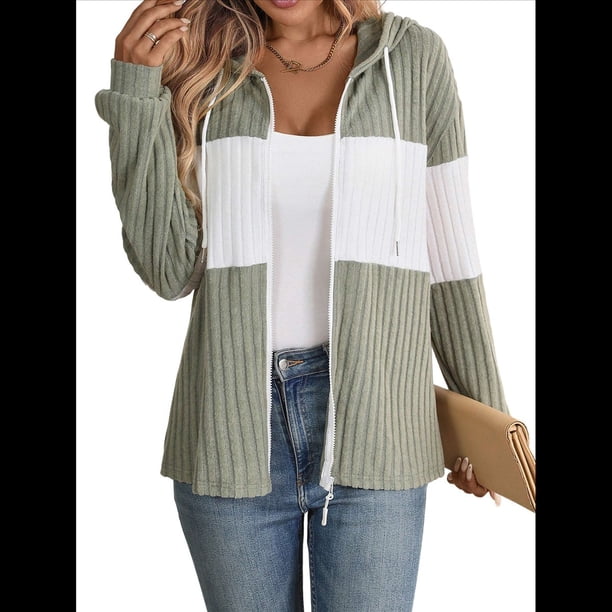 Chaqueta de Rayas con Bloques de Color para Mujer, con Cremallera, Larga, Punto Acanalado, Sudadera con Cordón Ajustable. Judías XL