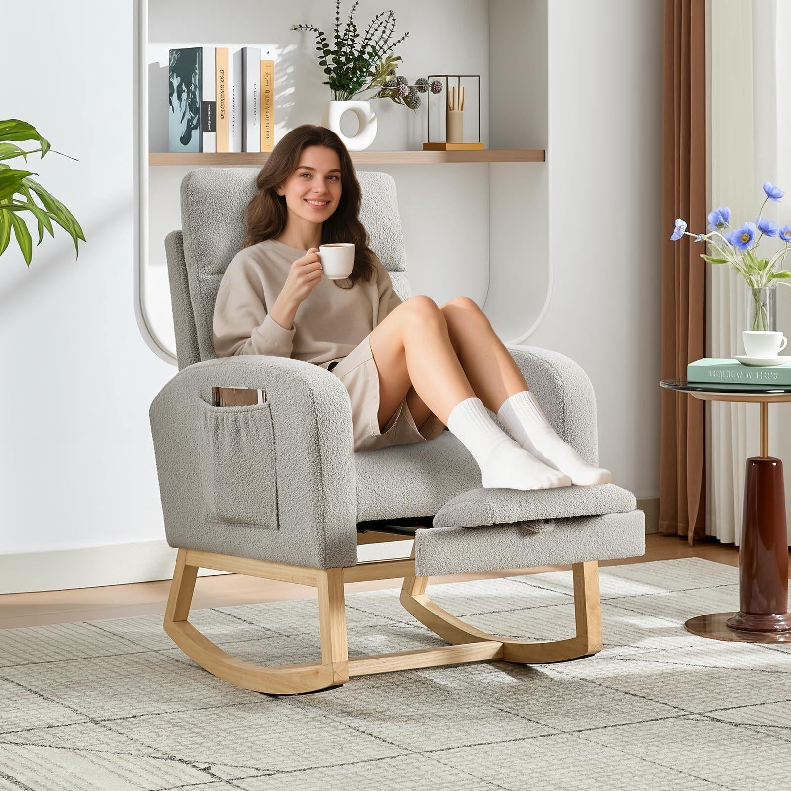 Modern Nursery Rocking Chair, Teddy Upholstered Rocking Chair with Footrest, Rocker Glider for Living Room, Bedroom, Nursing Room，Grey