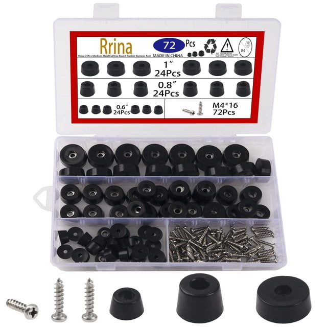 Rrina 72 piezas de tabla de cortar de dureza media, pies de parachoques de goma con tornillos de arandela inoxidable, kit surtido de 3 tamaños 0,6 "0,8" 1 "para muebles de electrodomésticos