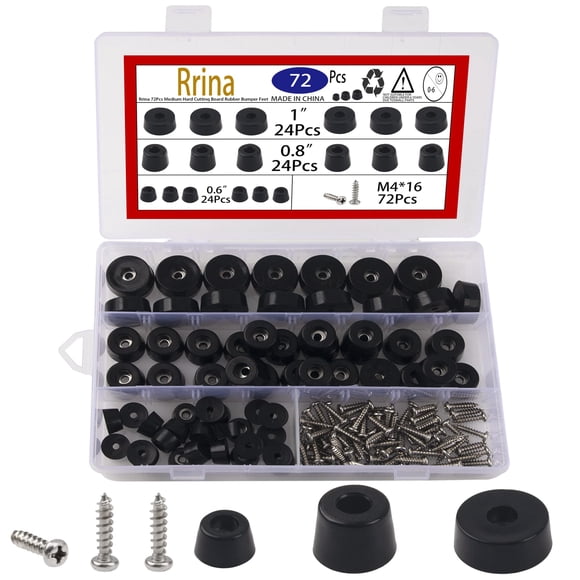 Rrina 72 piezas de tabla de cortar de dureza media, pies de parachoques de goma con tornillos de arandela inoxidable, kit surtido de 3 tamaños 0,6 "0,8" 1 "para muebles de electrodomésticos