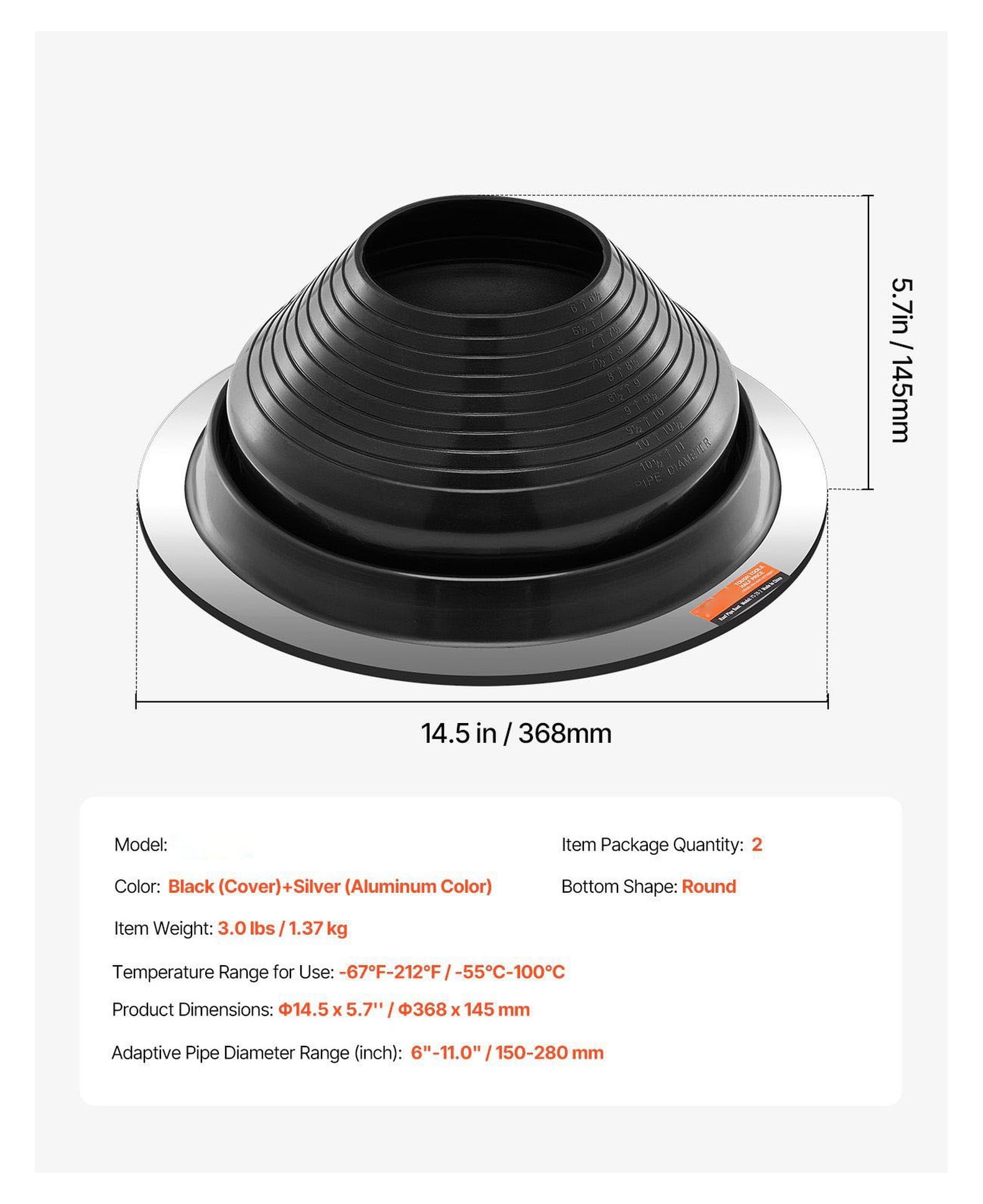 Roof Pipe Flashing Boots 2-Pack - 6-11 Inch Pipe - High Temp EPDM - Metal Roof Leak Seal - Black Flexible Vent Boot for Chimneys & Vents