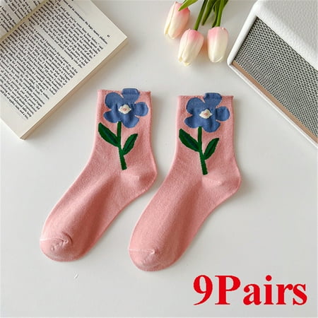

9 Pairs Japanese Korean Style Women Socks Cartoon Flower Harajuku Kawaii School Girl Stockings #05