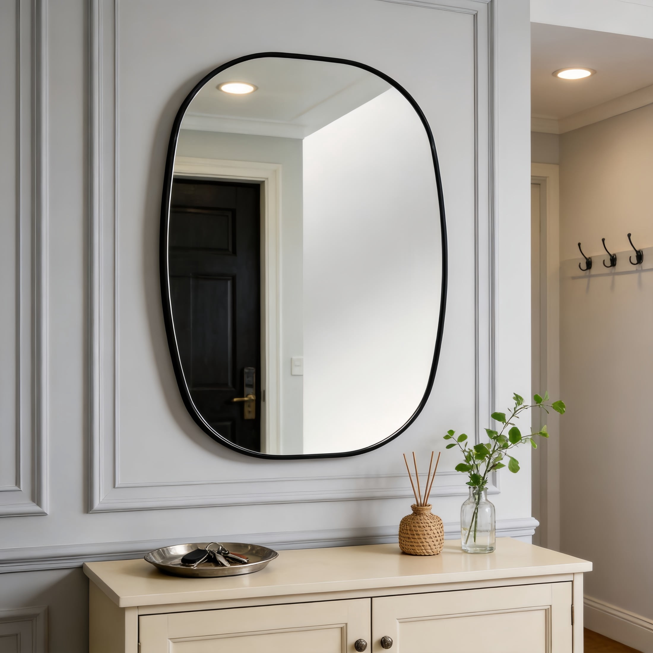 Noble House 24"x32" Unique Metal Framed Oval Wall Mirror, Modern Oblong Vanity Mirror for Bathroom & Entryway, Black
