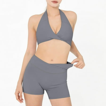 2 Piece Women s Workout Set  Neck Yoga Sports Bra Set  V Shorts with Neck Sports BraGrey xl