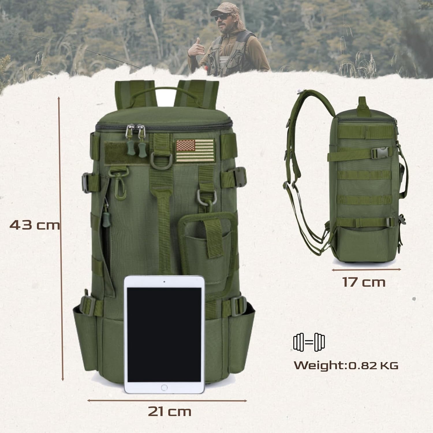 Txmasen Fishing Backpack with Flag,Fishing Backpack with Rod Holder Large,Large Storage Tackle Box Backpack, Portable Gear,Equipment,Gifts for Men