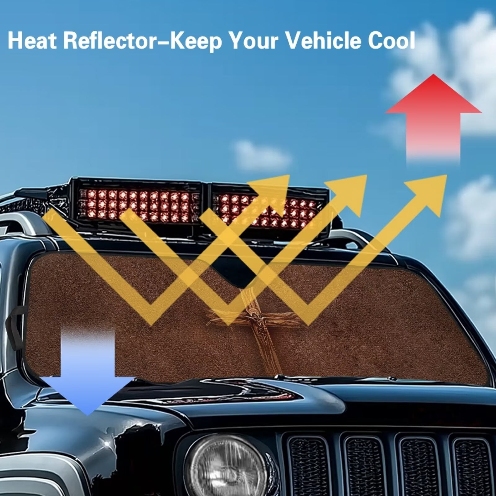 Uorisanigo Windshield Sun Shade Compatible with Jeep Wrangler TJ JK JL & Gladiator JT, Brown Cross Print Sunshades Heat Shield, Aluminum Foil Car Sun Shade for Front Window, UV Ray Reflector