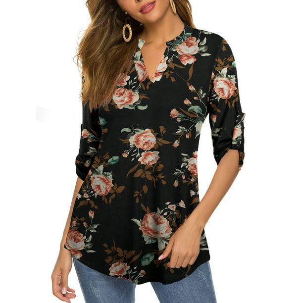 FOLUNSI Womens Tunic Tops 3/4 Roll Sleeve Floral Printed V Neck Blouses ...