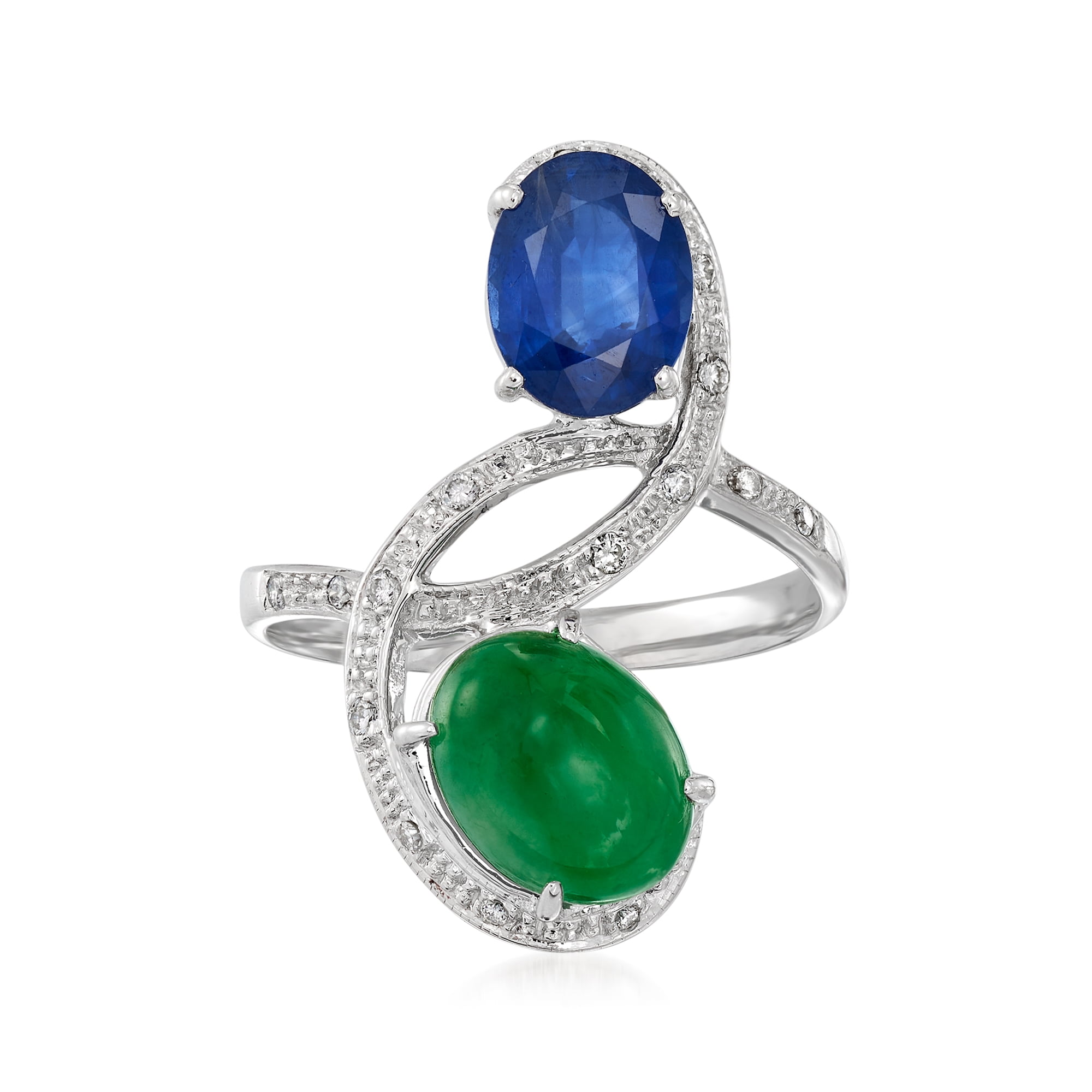 Ross-Simons C. 1990 Vintage Jade, 1.53 Carat Sapphire and .12 ct. t.w. Diamond Bypass Ring in 18kt White Gold