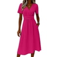 thumbnail image 6 of Ecqkame Summer Dresses for Women V Neck Short Sleeve Empire Waist Tummy Control Casual Long Dress Lightweight Flowy Vacation Dress Hot Pink M, 6 of 7