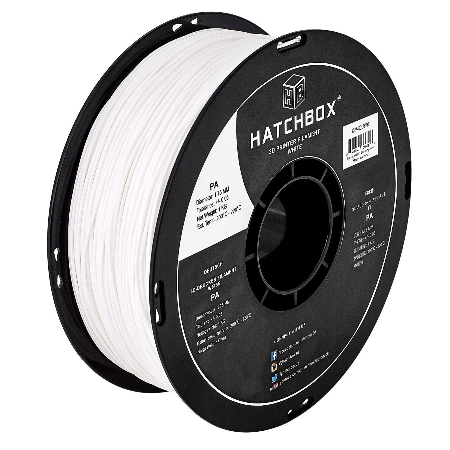 HATCHBOX PA Nylon 1.75 mm 3D Printer Filament in White 1kg Spool