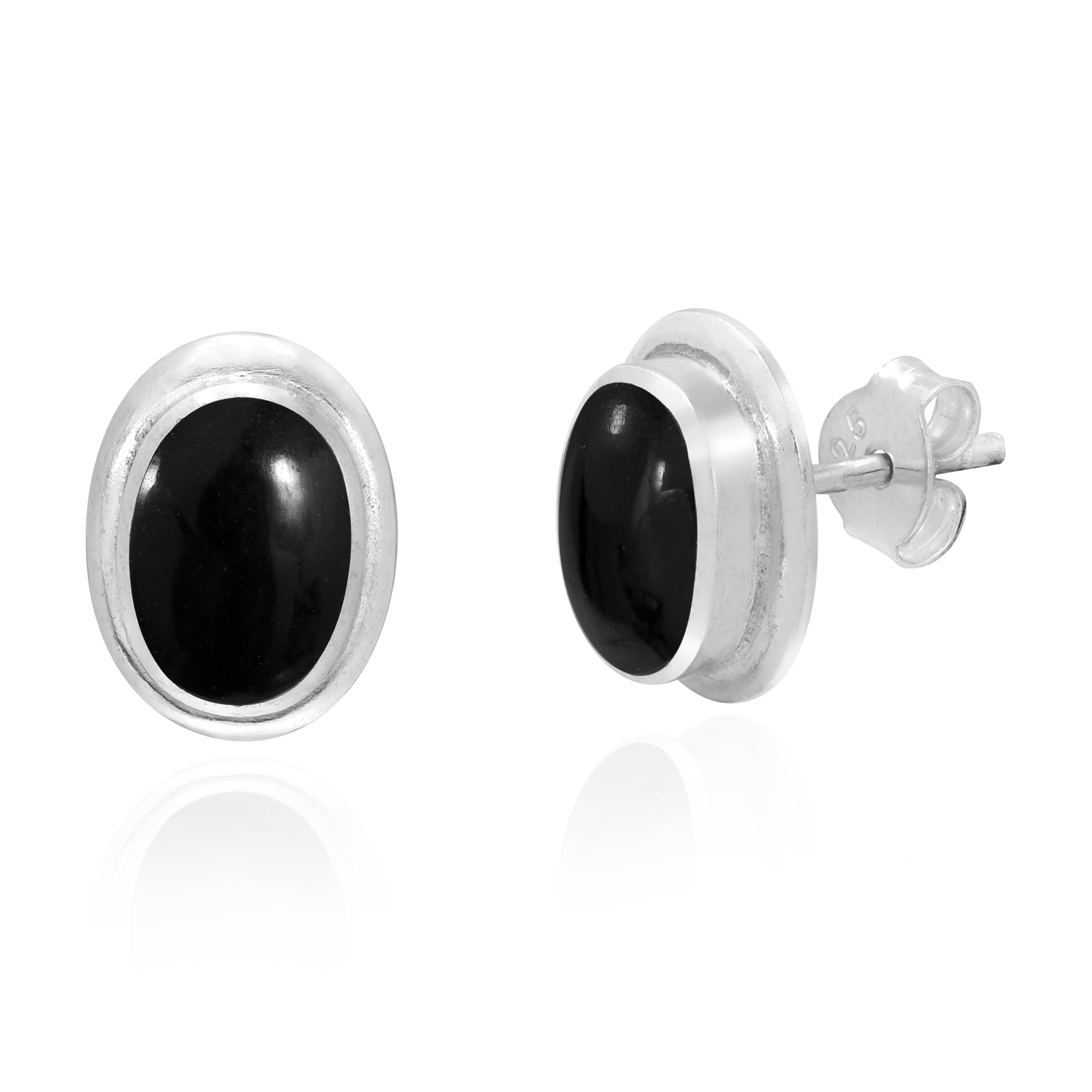 Sterling Silver Handmade 5mm Square Onyx Studs Black Cabochon Simple Earrings