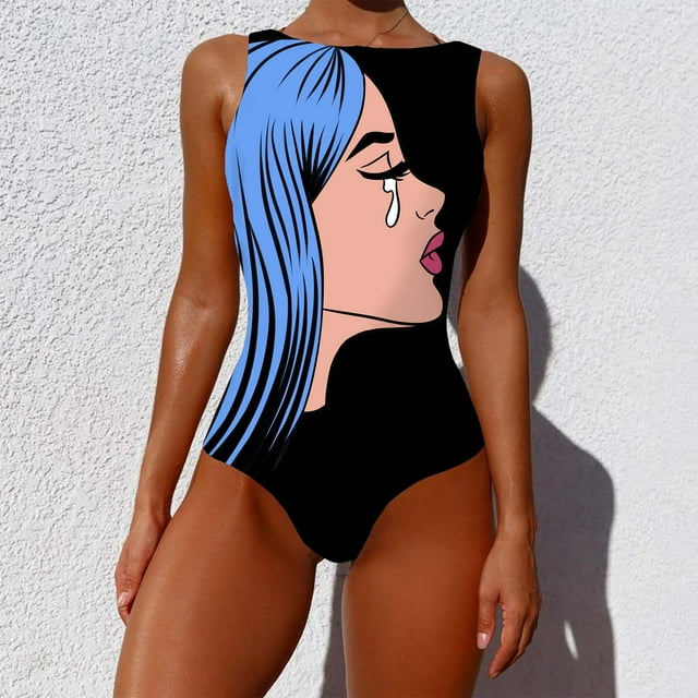 CEHVOM Mode Femmes Graffiti Imprimé Abstrait Col Haut Dos Nu Maillot de Bain une Pièce