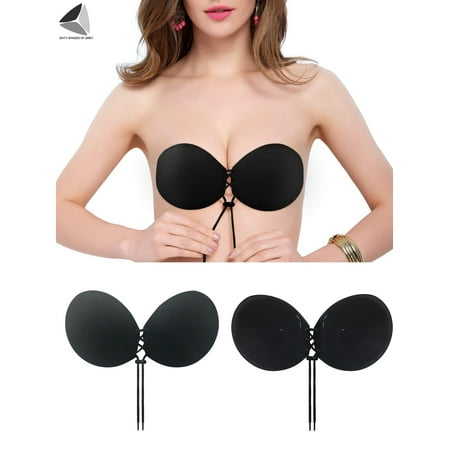 PULLIMORE Push Up Adhesive Bra Reusable Backless Sticky Bras for Backless Wedding String Dress (Cup D  Black)