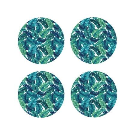 

Drink Coasters Set of 4 Banana leaves green Leather Coasters for Coffee Table Protector Heat Resistant Cute Coasters for Home Decor Housewarming Gifts Bar Kitchen 4 Inch Round Shape