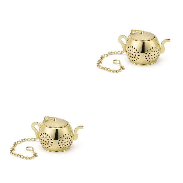 Wosthever Colador de té de acero inoxidable Gancho de cadena Forma de tetera Infusor de bolsita de té de malla linda Suministros de filtro de dorado 2piezas