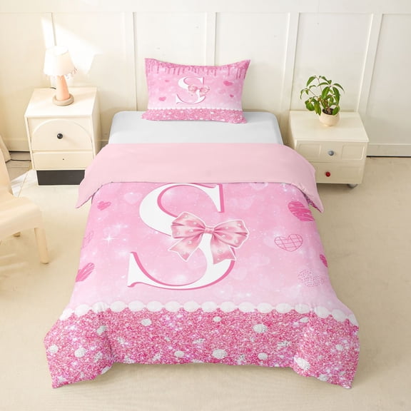 Castle Fairy Pink Glitter Letter S Twin Bedding for Girls,Cartoon Bow Duvet Cover Set,2pcs,No Comforter,Pink Reversible