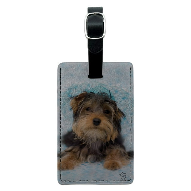 Yorkie Yorkshire Terrier Dog Resting With Blue Hat Rectangle Leather Luggage Card Suitcase Carry-On ID Tag