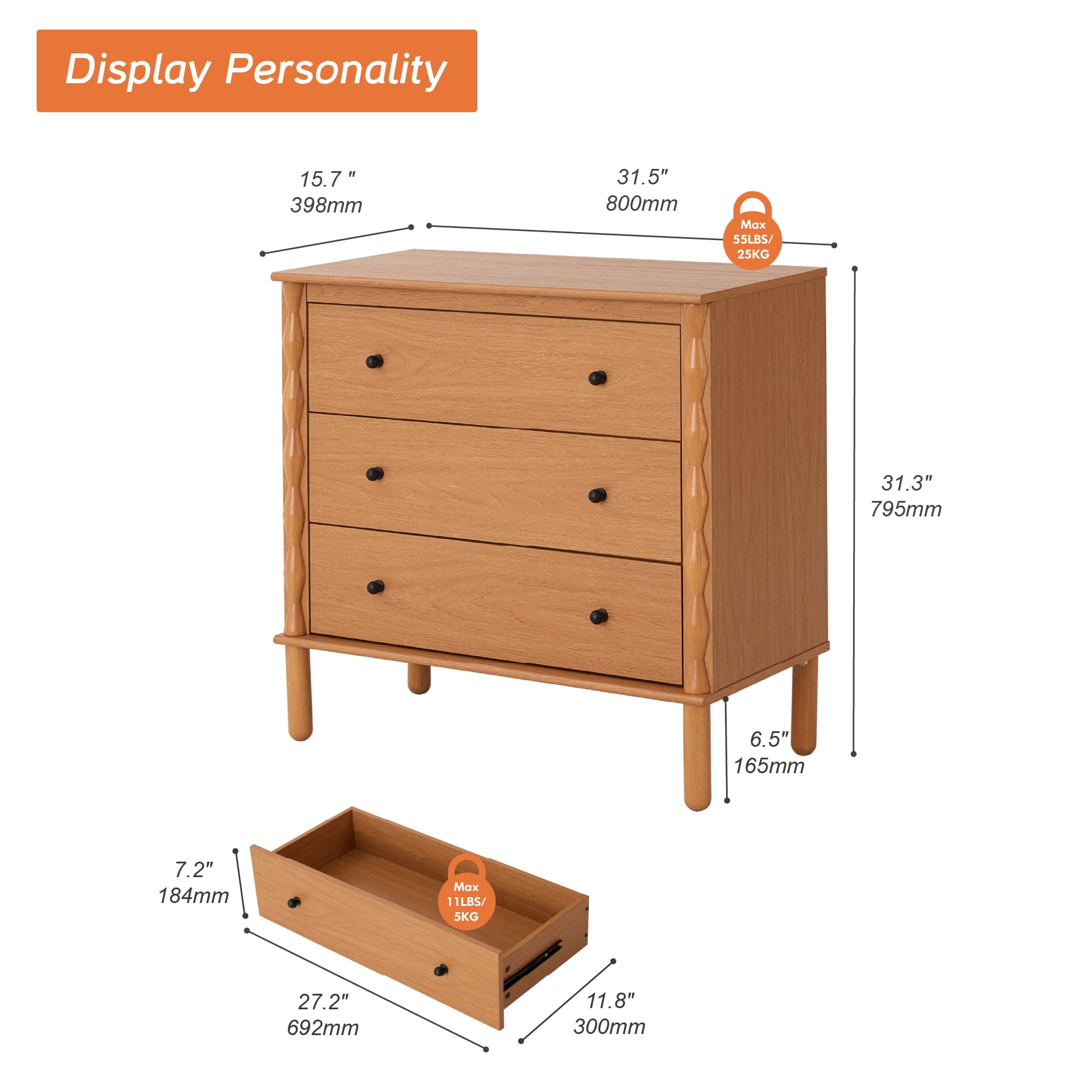 WAMPAT Set of 2 Drawer Nightstand with Solid Wood，Hand‑Carved Design Bedside Table for Bedroom,Walnut